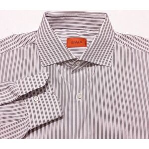 ISAIA Napoli Long Sleeve Dress Shirt White Maroon Red Striped 16.5 x 36